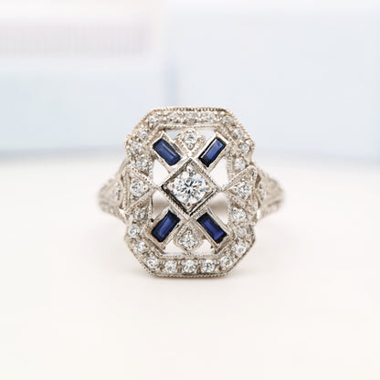 Sterling silver and cz shield ring with laboratory-grown sapphire accents