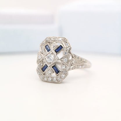 Sterling silver and cz shield ring with laboratory-grown sapphire accents