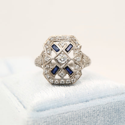Sterling silver and cz shield ring with laboratory-grown sapphire accents