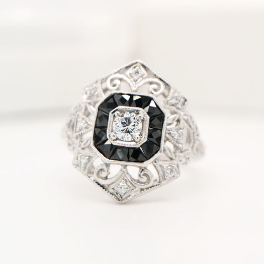 Sterling silver cocktail ring with French cut onyx and cz