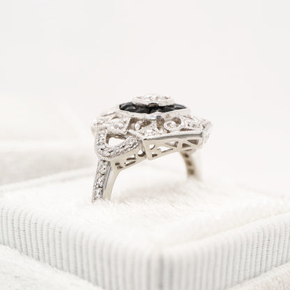 French cut onyx cocktail ring in white gold with diamond