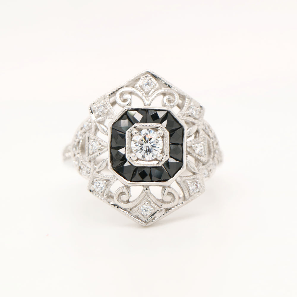 Sterling silver cocktail ring with French cut onyx and cz