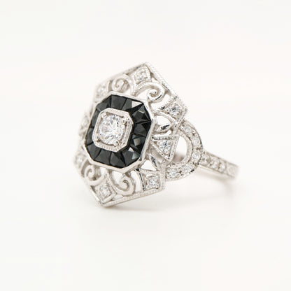 Sterling silver cocktail ring with French cut onyx and cz