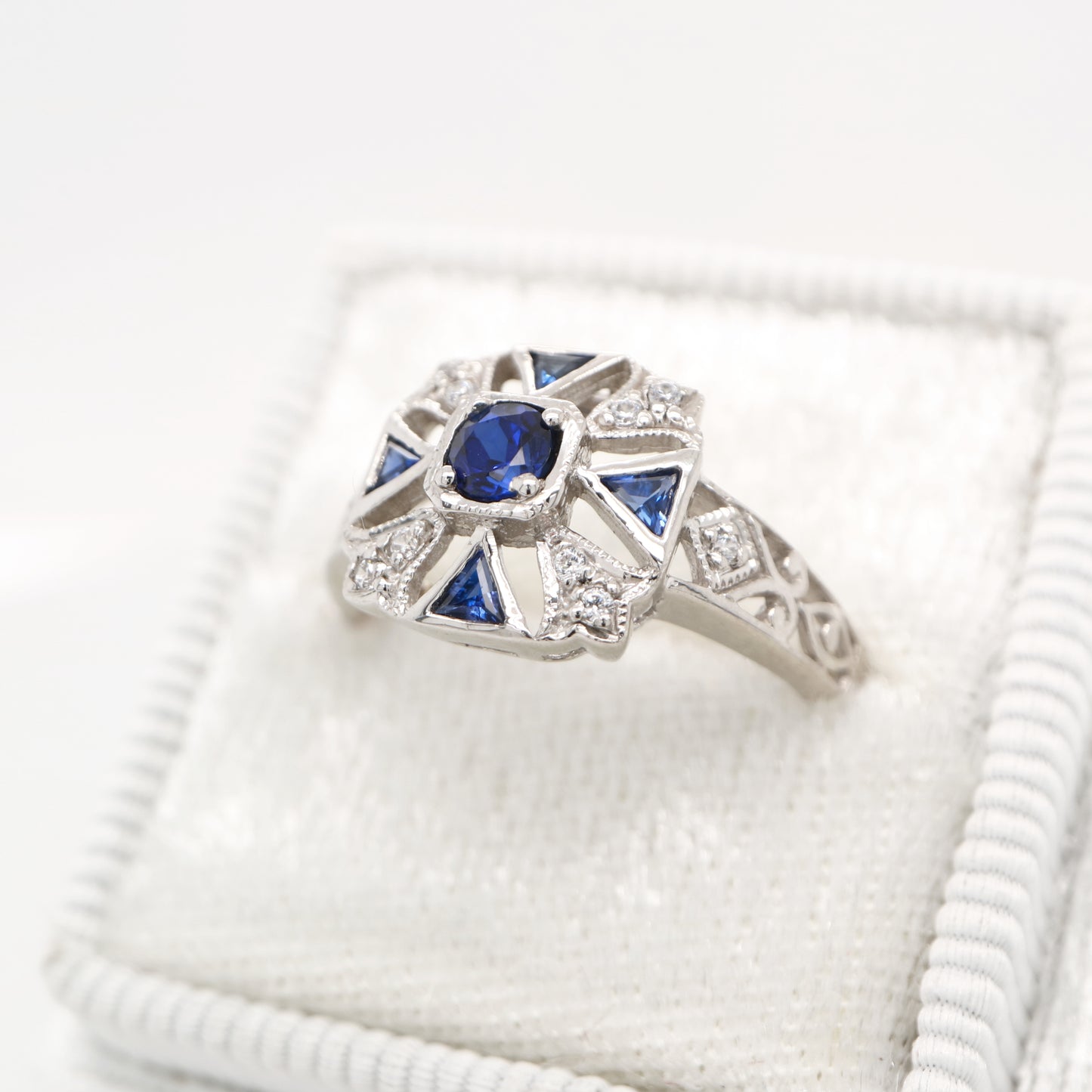 Vintage ring with laboaratory grown sapphire and cz in sterling silver