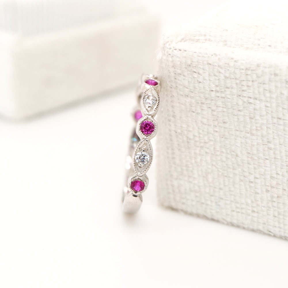 Art deco style half set band in solid white gold with rubies and diamonds