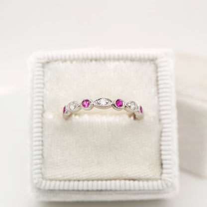 Art deco style half set band in solid white gold with rubies and diamonds