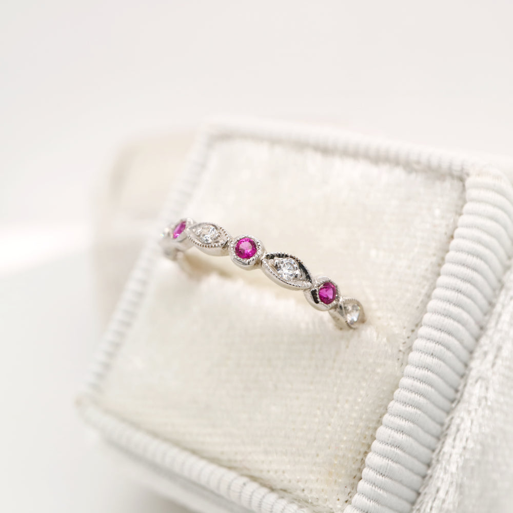 Art deco style half set band in solid white gold with rubies and diamonds