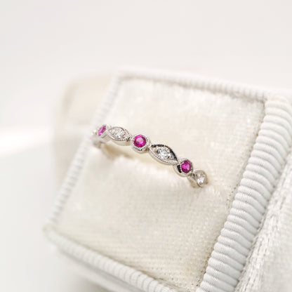 Art deco style half set band in solid white gold with rubies and diamonds