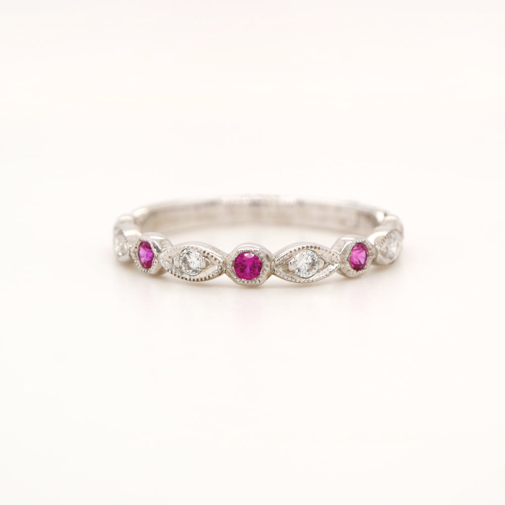Art deco style half set band in solid white gold with rubies and diamonds