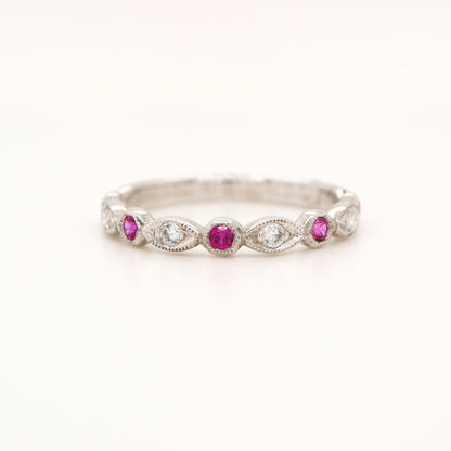 Art deco style half set band in solid white gold with rubies and diamonds