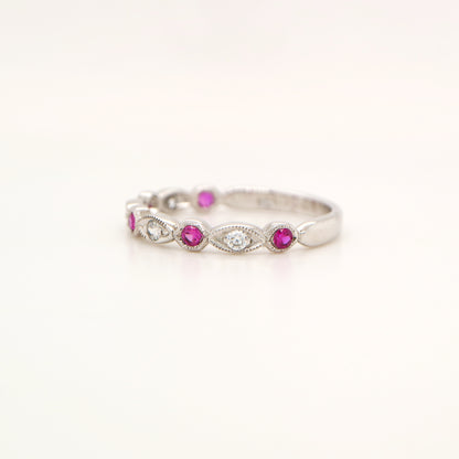 Art deco style half set band in solid white gold with rubies and diamonds