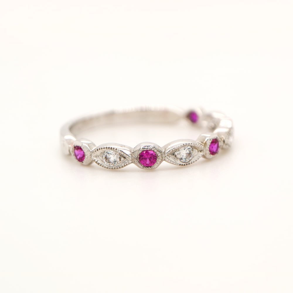 Art deco style half set band in solid white gold with rubies and diamonds