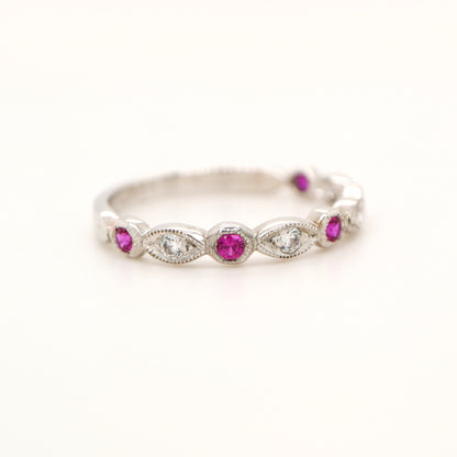 Art deco style half set band in solid white gold with rubies and diamonds