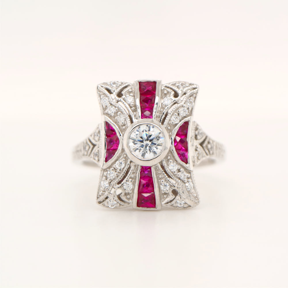 Art deco tapered canvas square ring with cz and laboratory grown ruby in sterling silver