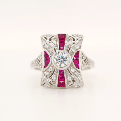 Art deco tapered canvas square ring with cz and laboratory grown ruby in sterling silver