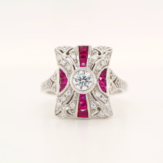 Art deco tapered canvas square ring with cz and laboratory grown ruby in sterling silver