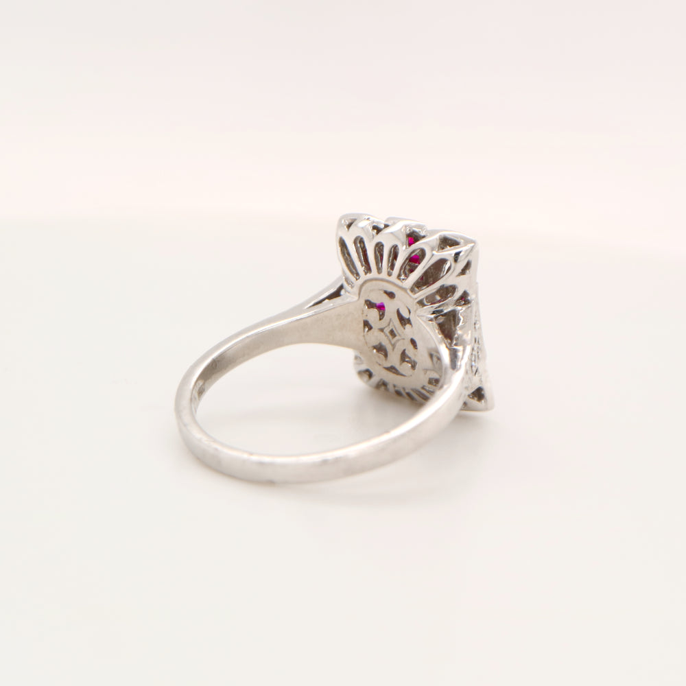 Art deco tapered canvas square ring with cz and laboratory grown ruby in sterling silver
