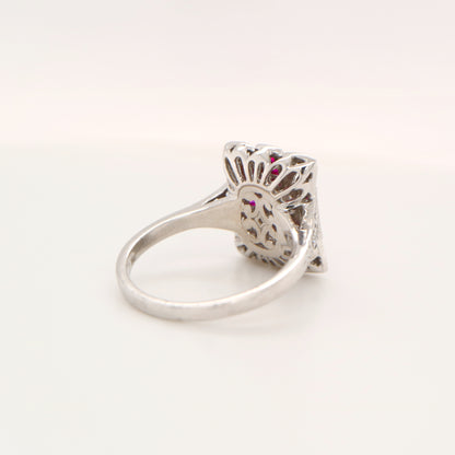 Art deco tapered canvas square ring with cz and laboratory grown ruby in sterling silver