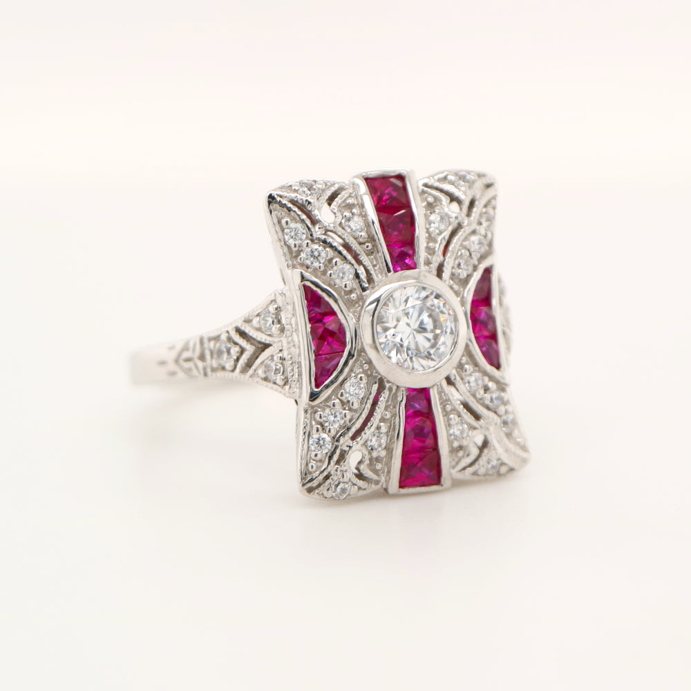 Art deco tapered canvas square ring with cz and laboratory grown ruby in sterling silver