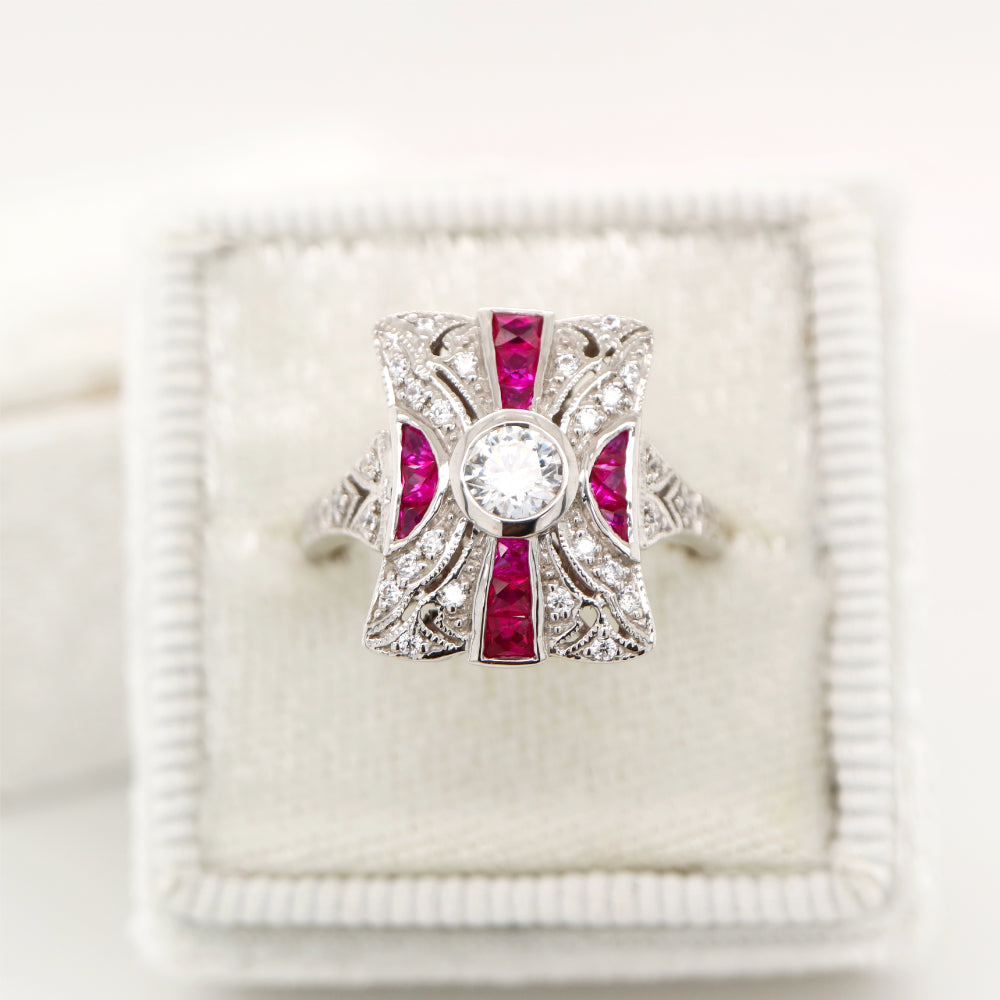 Art deco tapered canvas square ring with cz and laboratory grown ruby in sterling silver