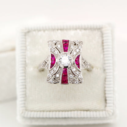 Art deco tapered canvas square ring with cz and laboratory grown ruby in sterling silver