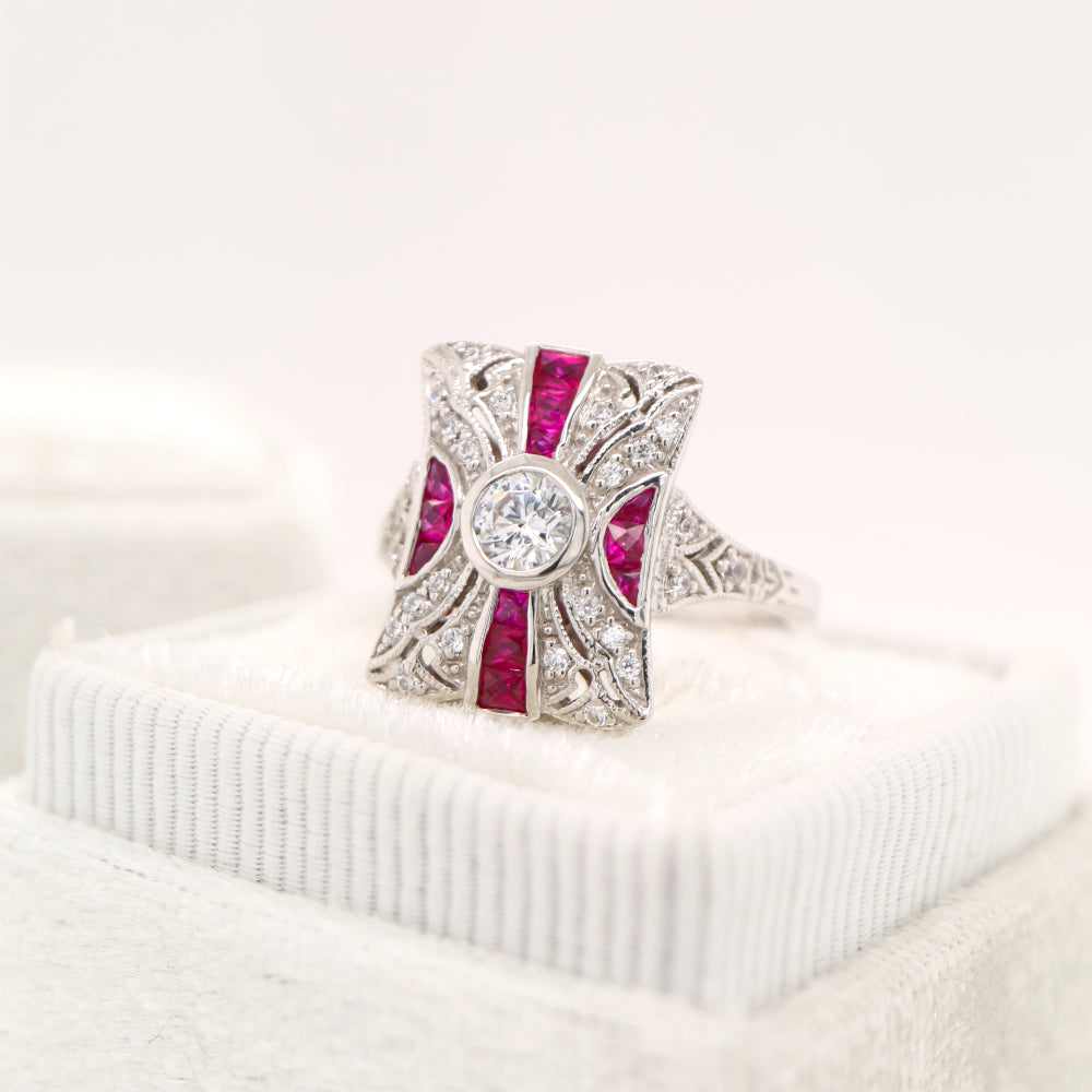 Art deco tapered canvas square ring with cz and laboratory grown ruby in sterling silver