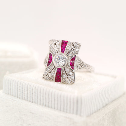 Art deco tapered canvas square ring with cz and laboratory grown ruby in sterling silver
