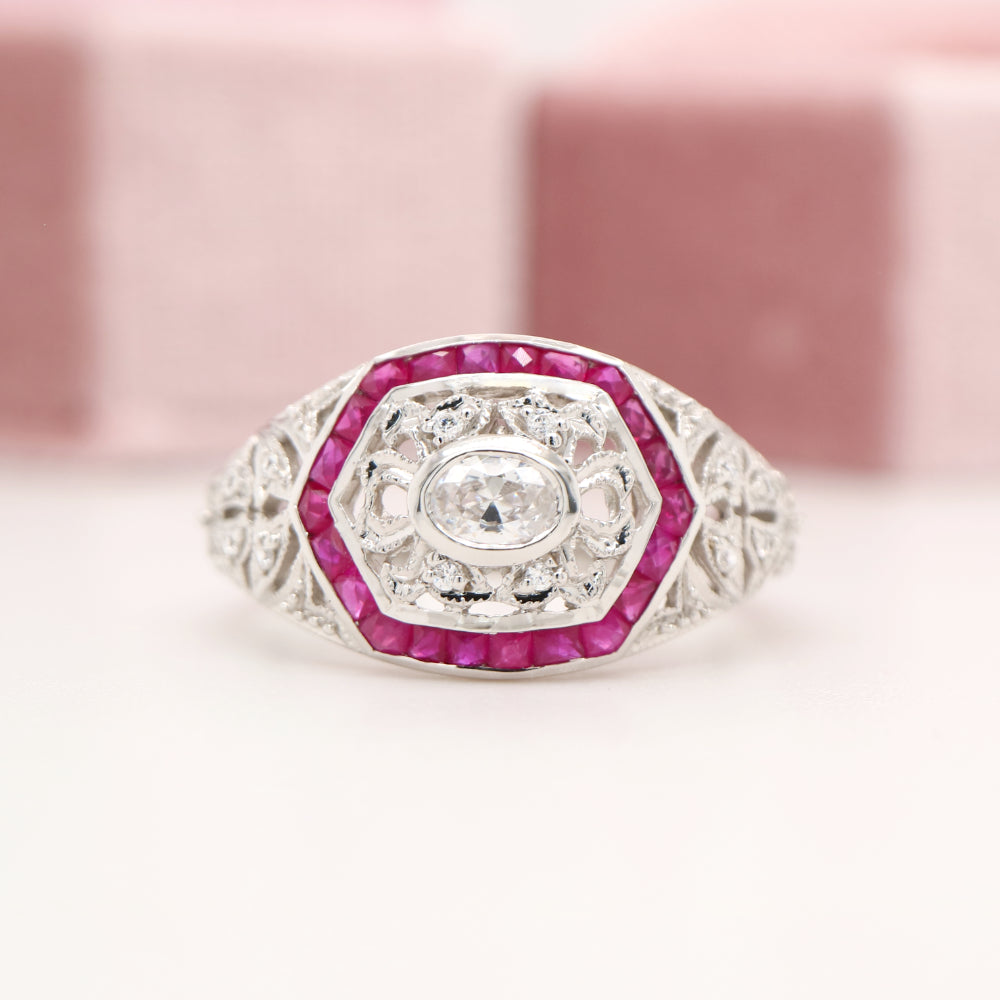 Art deco white gold ring with diamond and ruby halo