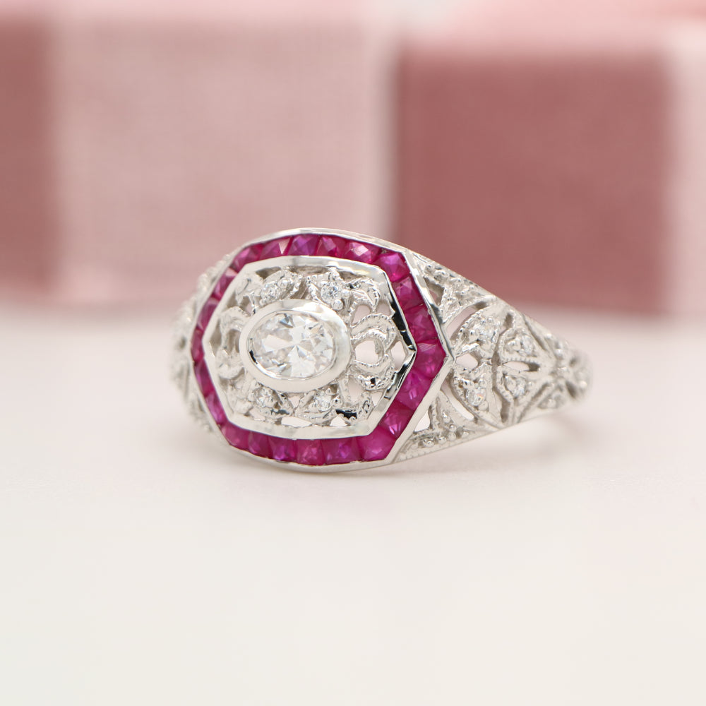 Art deco white gold ring with diamond and ruby halo