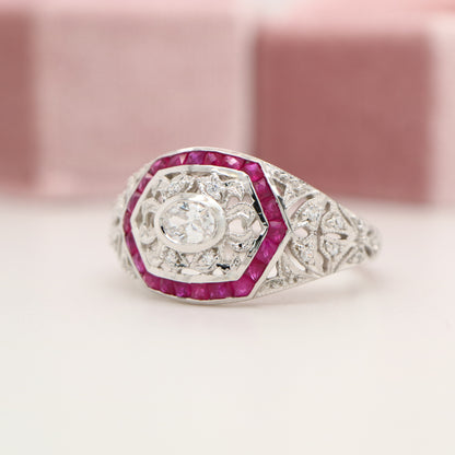 Art deco white gold ring with diamond and ruby halo