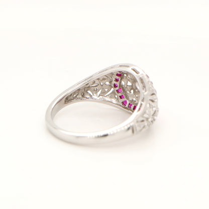 Art deco white gold ring with diamond and ruby halo