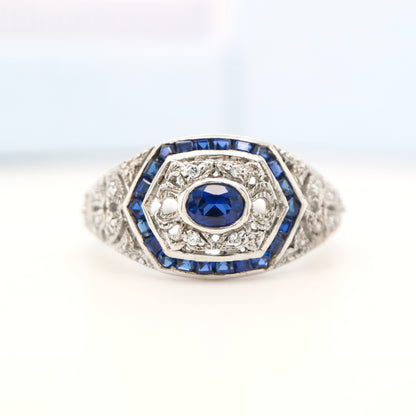Art deco white gold ring with sapphire and diamond halo  - sapphire centre stone