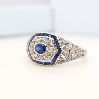 Art deco white gold ring with sapphire and diamond halo  - sapphire centre stone