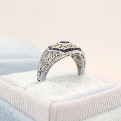 Art deco white gold ring with sapphire and diamond halo  - sapphire centre stone