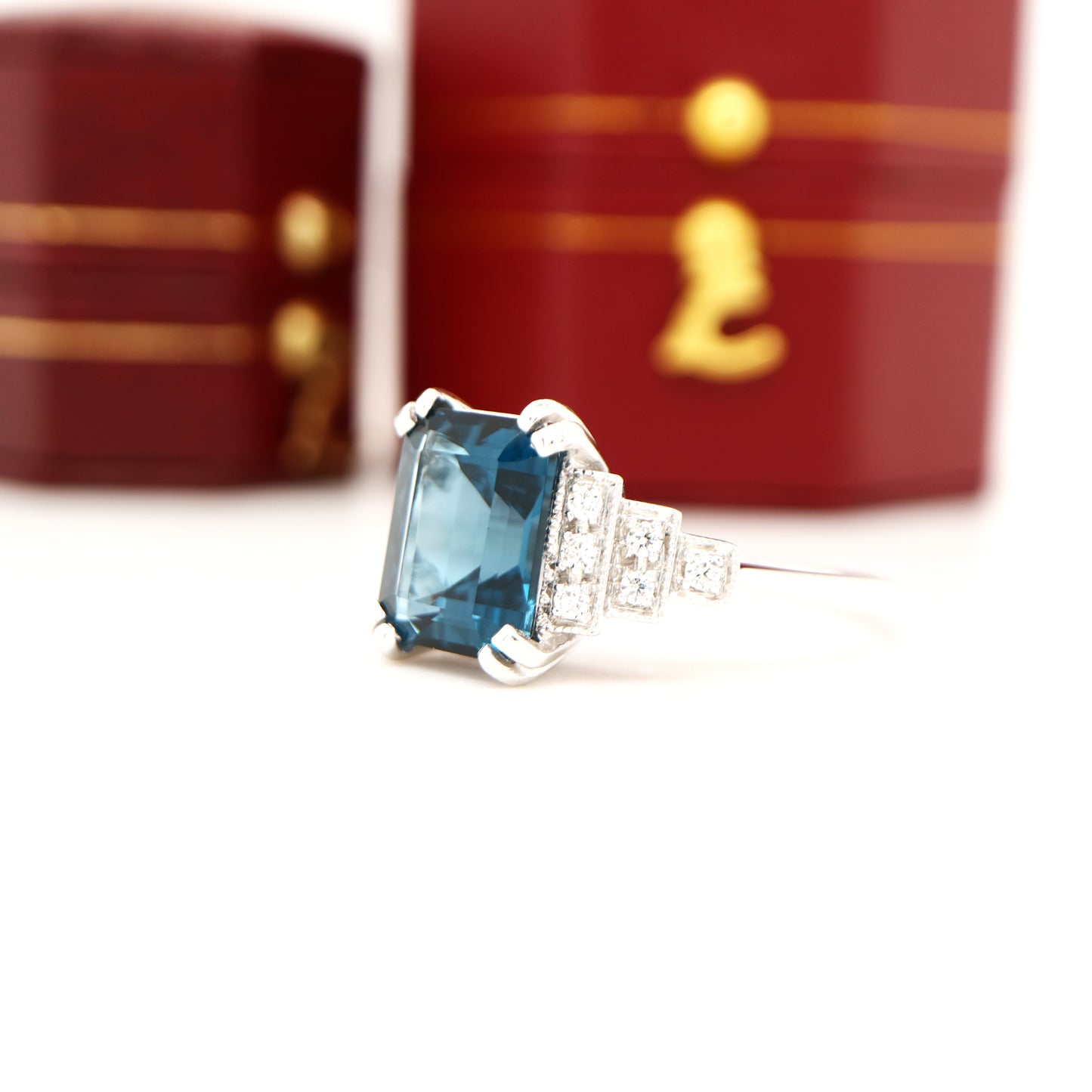 London blue topaz solitaire with diamonds in white gold
