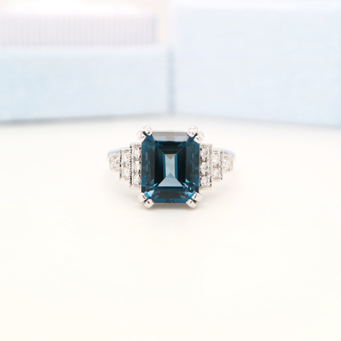 London blue topaz solitaire with diamonds in white gold
