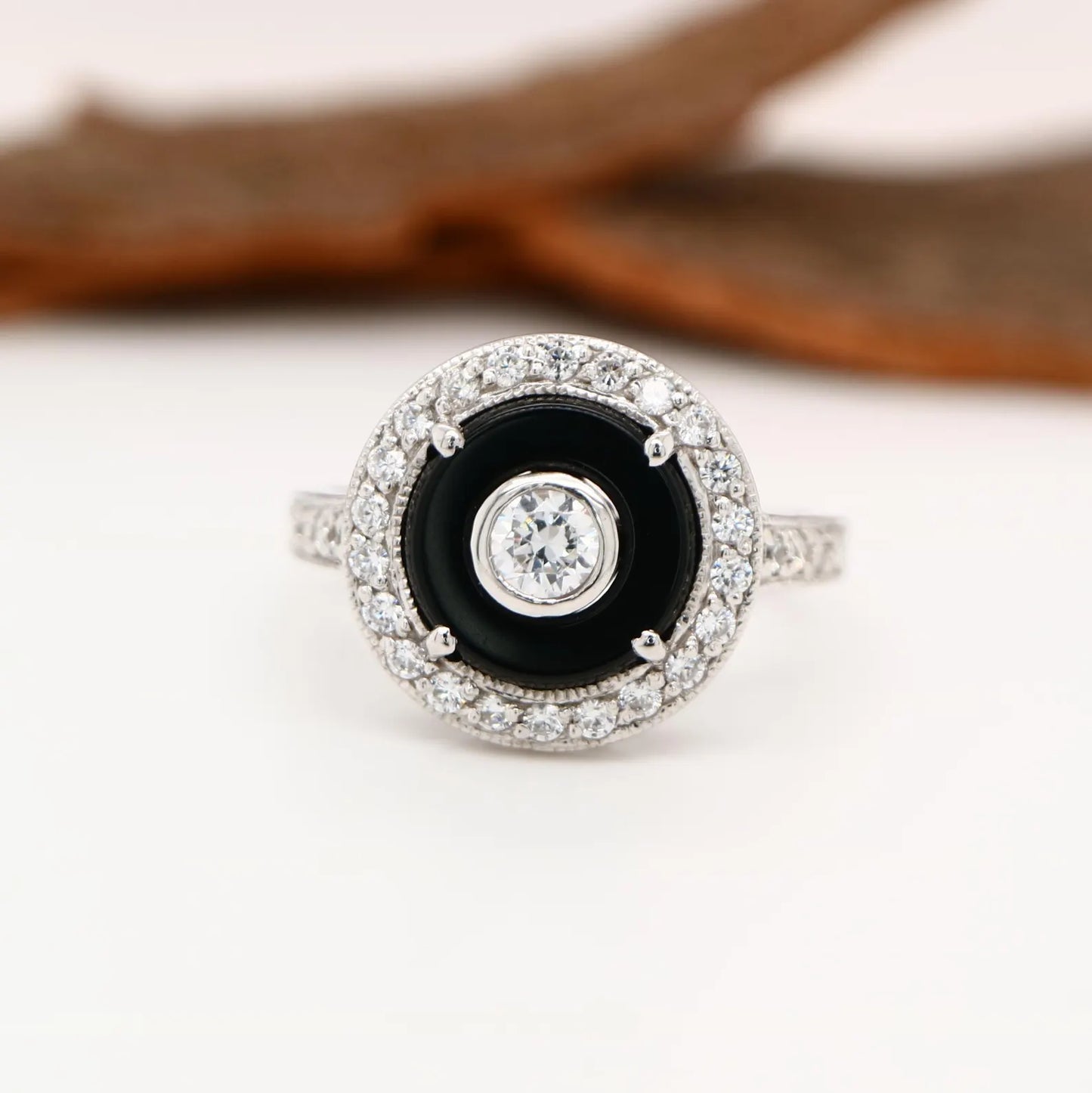 Round Art deco style black onyx ring with cz in sterling silver