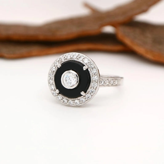 Round Art deco style black onyx ring with cz in sterling silver