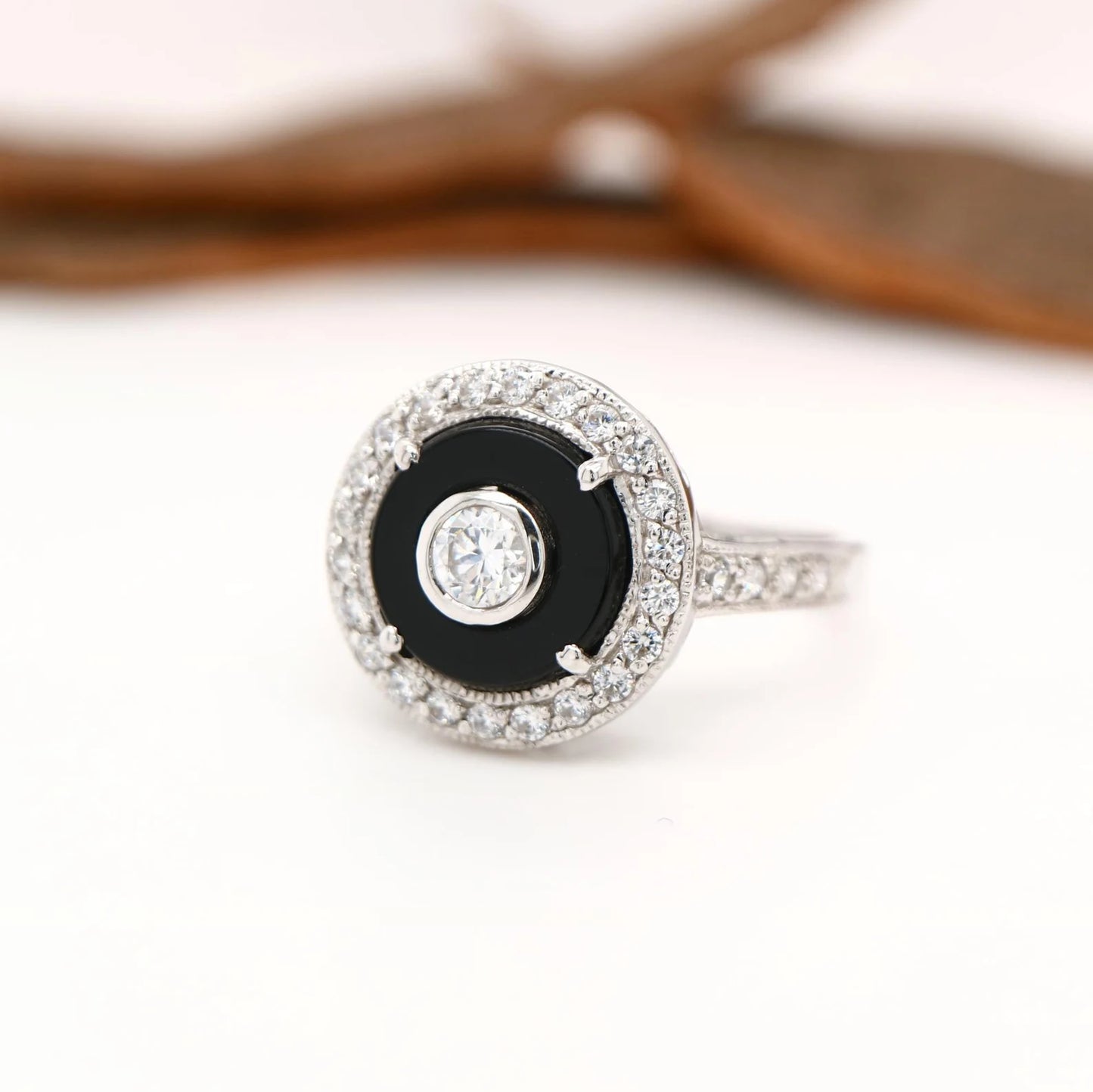 Round Art deco style black onyx ring with cz in sterling silver