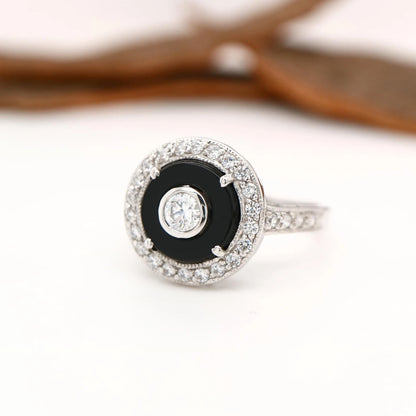 Round Art deco style black onyx ring with cz in sterling silver