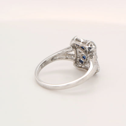 Art deco style white gold ring with sapphire and diamond