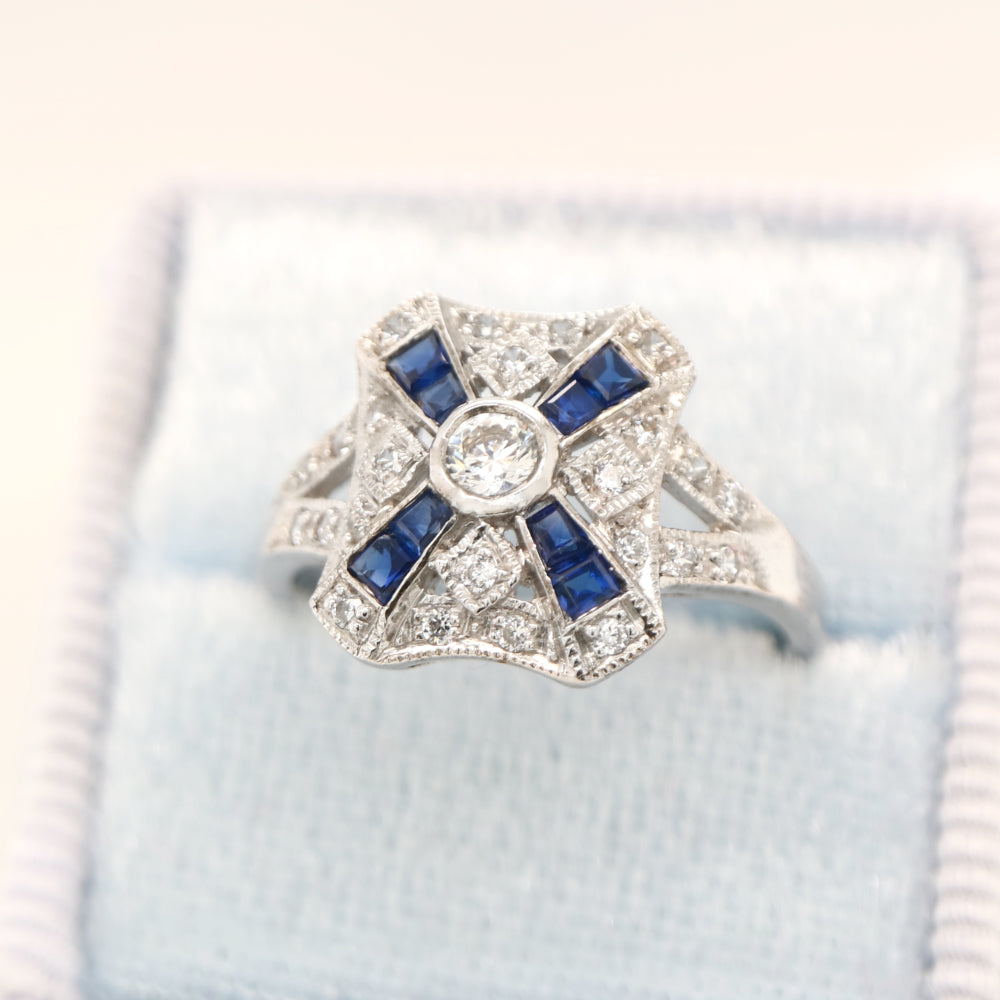 Art deco style white gold ring with sapphire and diamond