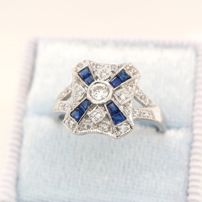 Art deco style white gold ring with sapphire and diamond