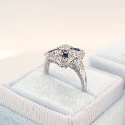 Art deco style white gold ring with sapphire and diamond
