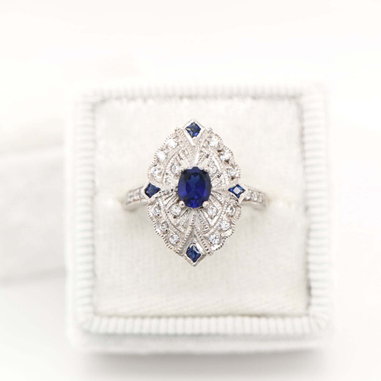 Vintage shield ring with laboratory grown sapphire and cz in sterling silver