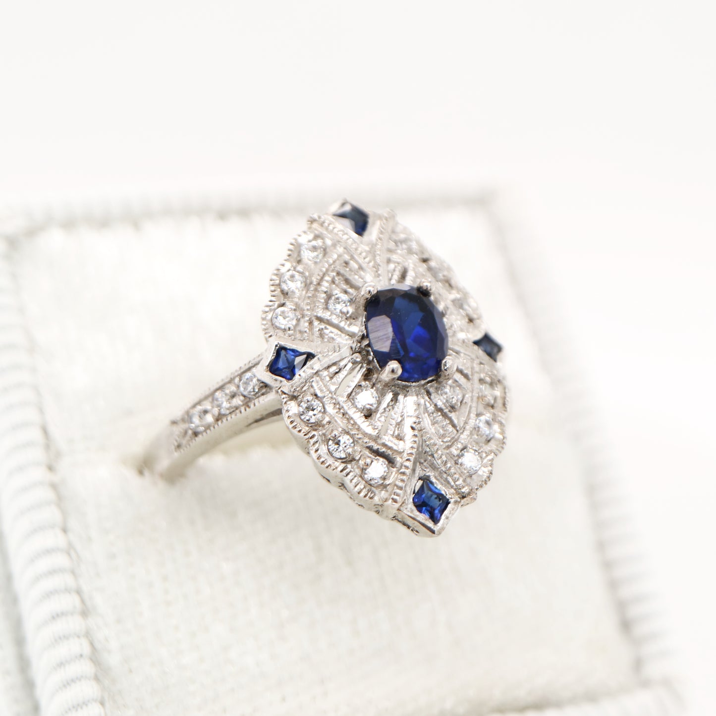 Vintage shield ring with laboratory grown sapphire and cz in sterling silver