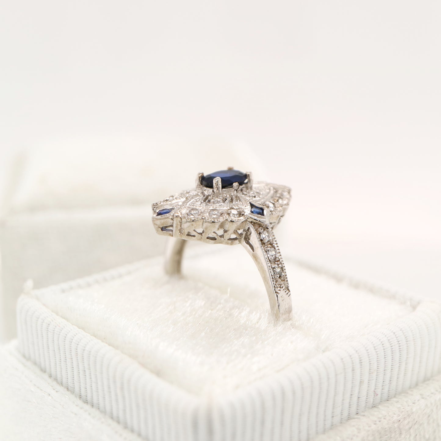 Vintage shield ring with laboratory grown sapphire and cz in sterling silver