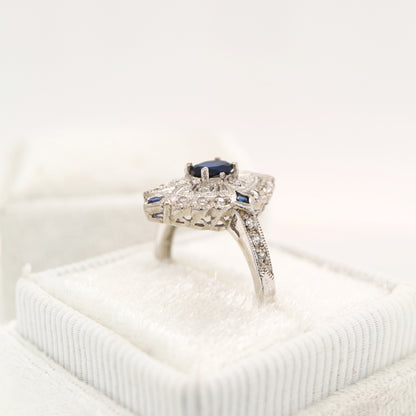 Vintage shield ring with laboratory grown sapphire and cz in sterling silver
