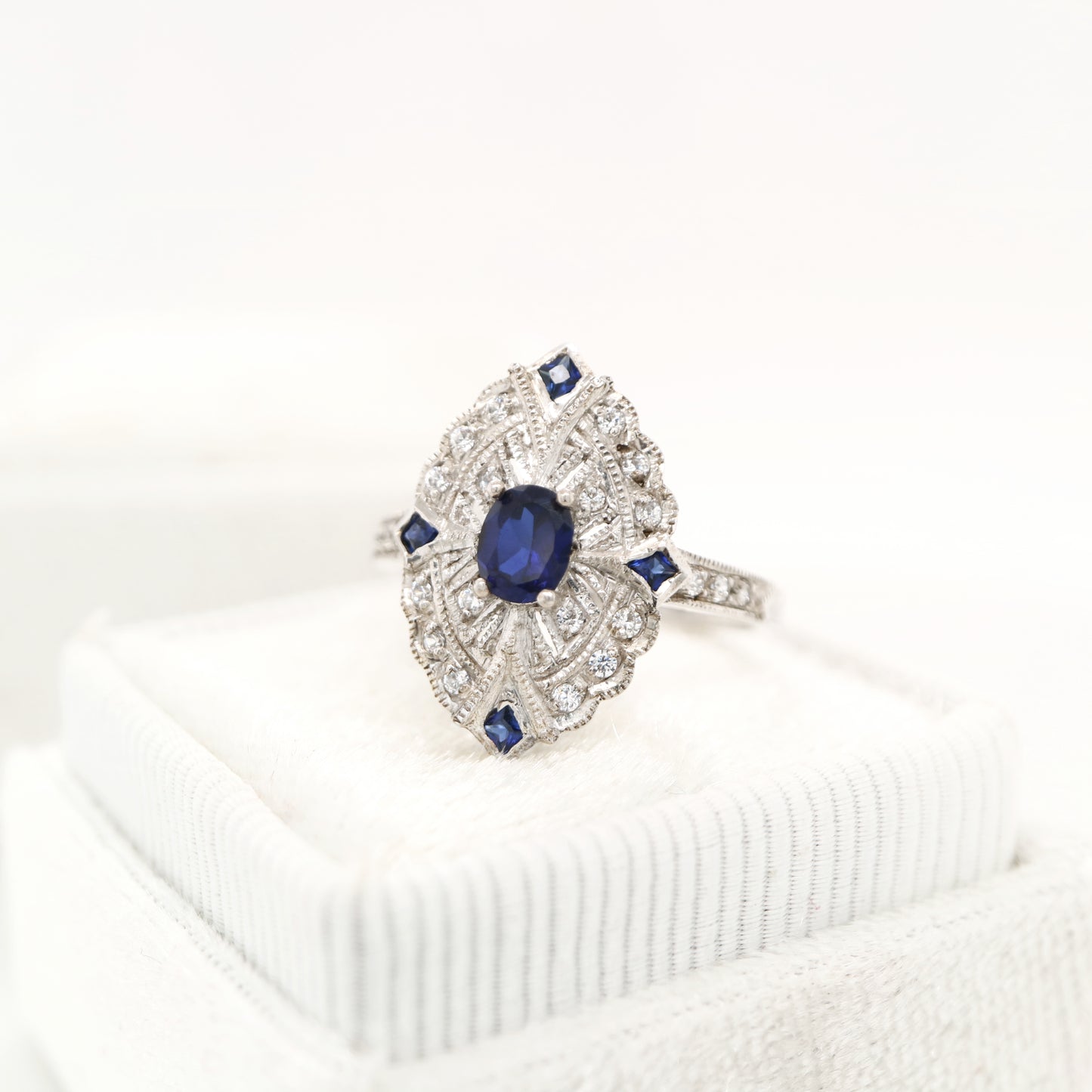 Vintage shield ring with laboratory grown sapphire and cz in sterling silver