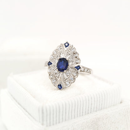 Vintage shield ring with laboratory grown sapphire and cz in sterling silver